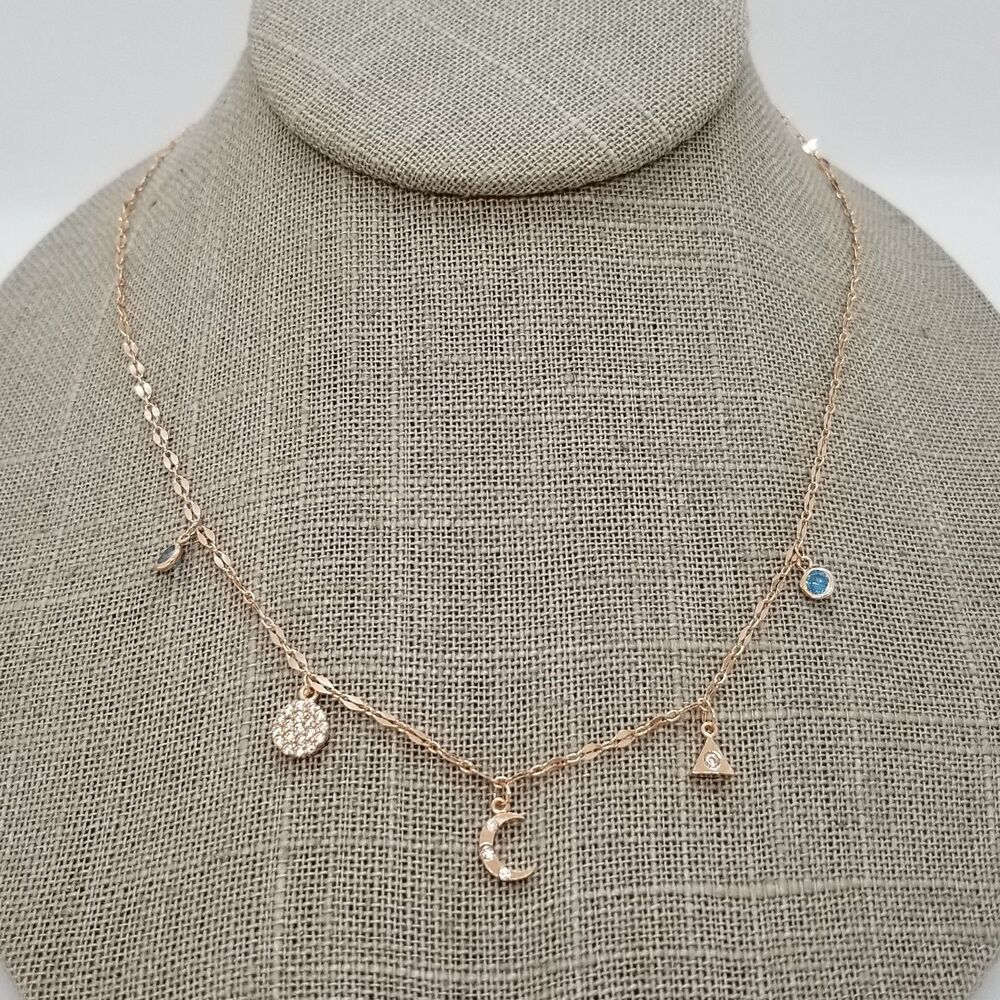 Celestial Necklace - Moon, Pyramid, Blue Crystals Rose Gold over Sterling Silver